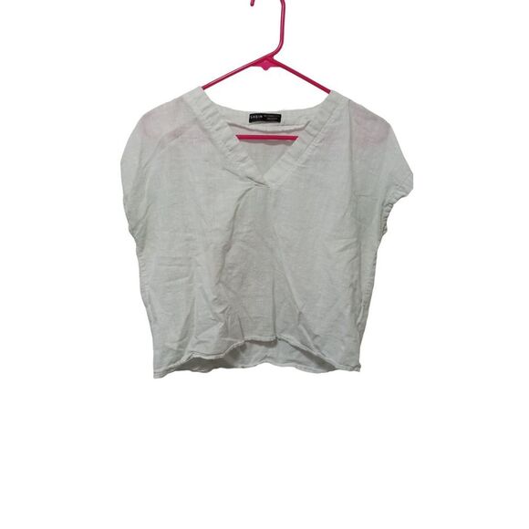 Shein Women's Linen Feel White V-Neck Crop Shirt Large - Picture 1 of 6